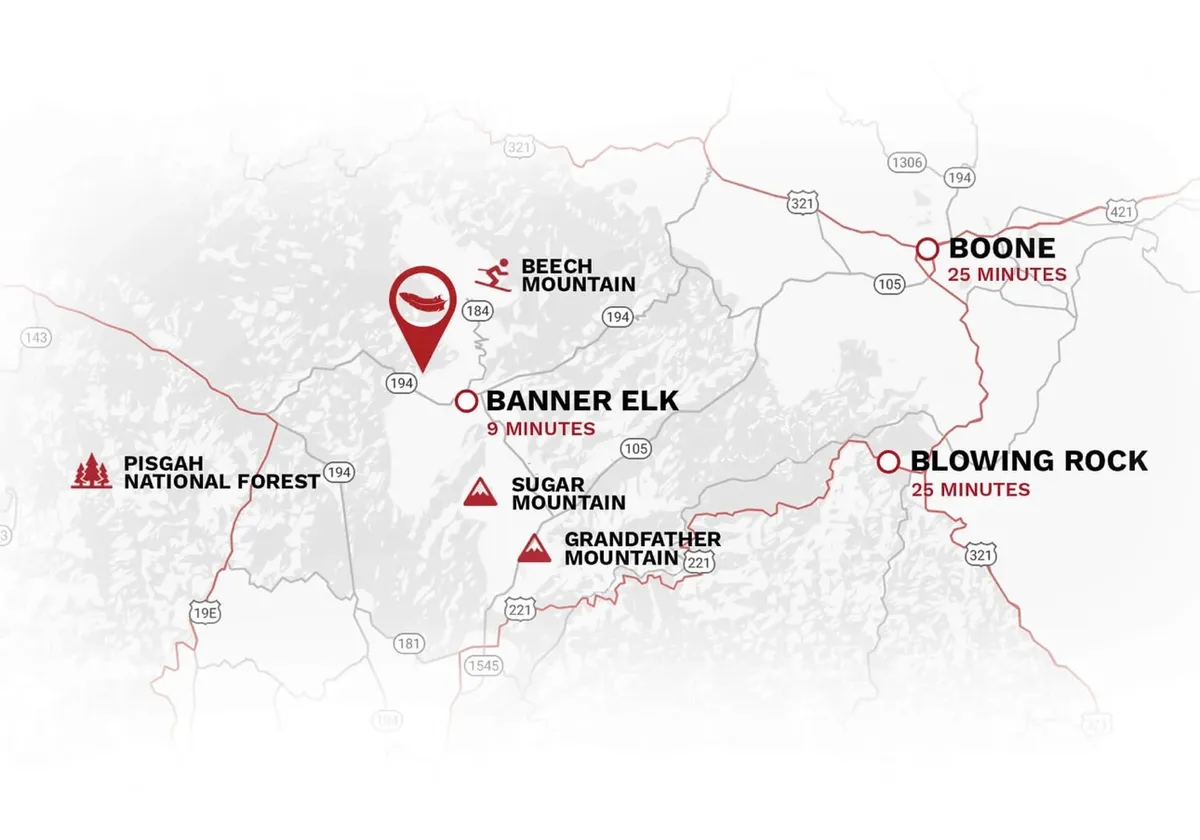 A panoramic view of the surrounding region, including Banner Elk, Beech Mountain, Sugar Mountain, and the Blue Ridge Parkway. The scene captures distant peaks, forests, and hints at nearby pet-friendly destinations perfect for day trips or scenic drives with your dog.